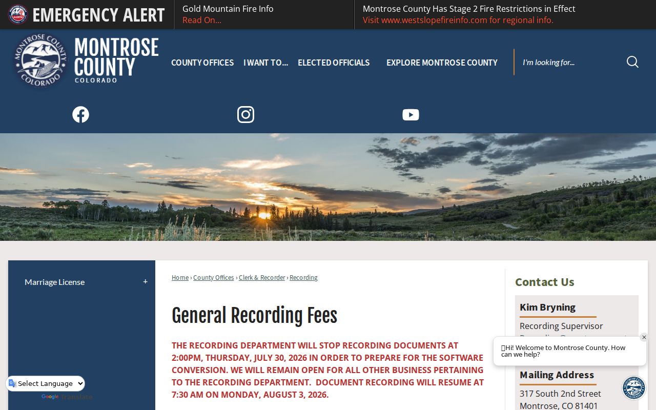 Montrose County Clerk of Court records compared with recording fee requirements