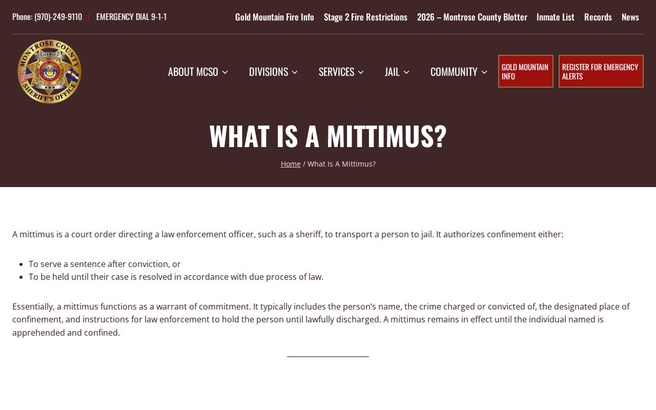 Montrose County arrest records mittimus reporting instructions