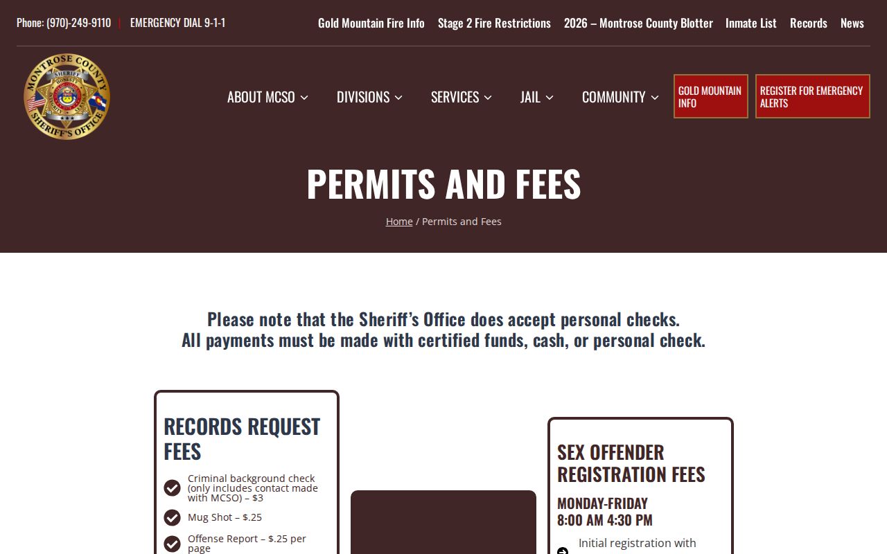 Montrose County arrest records sheriff permits and records fees