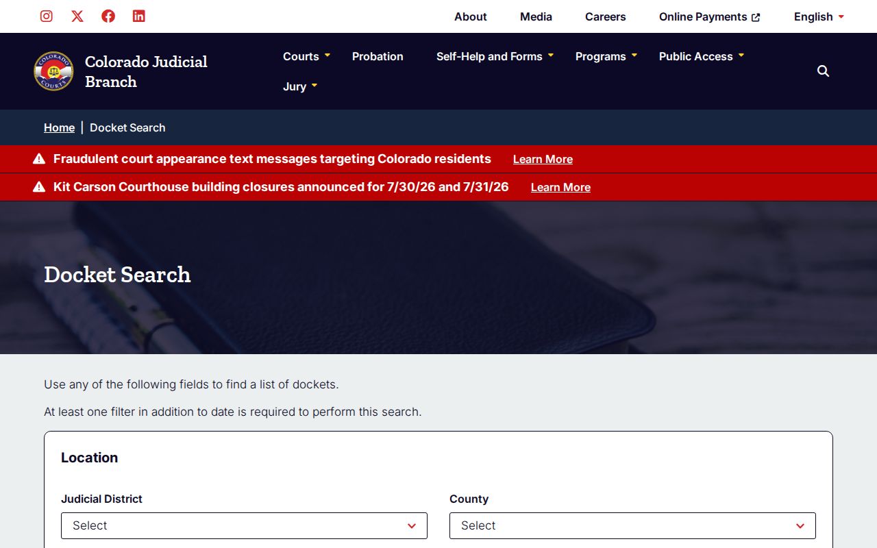 Montrose County court dockets Colorado Judicial Branch docket search