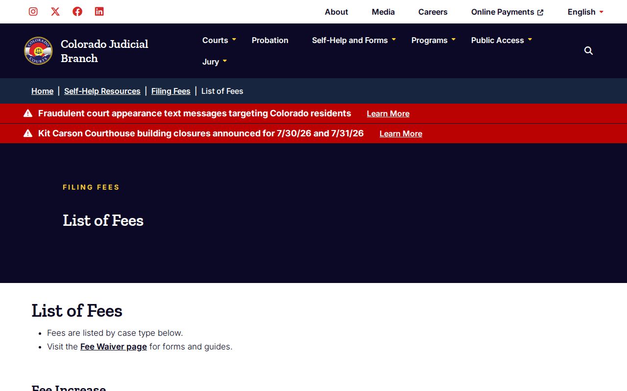 Montrose County court records Colorado Judicial Branch clerk fee list