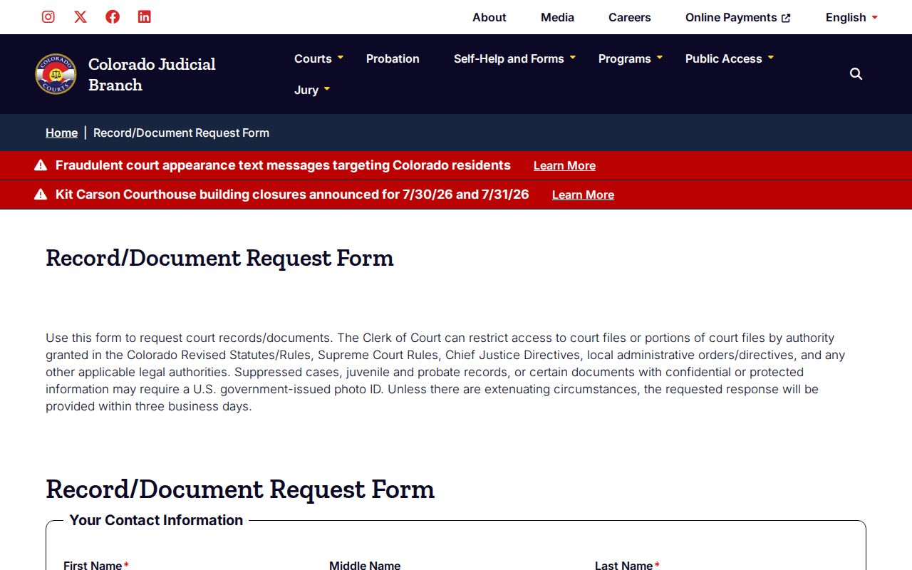 Montrose County court records Colorado Judicial Branch record request form