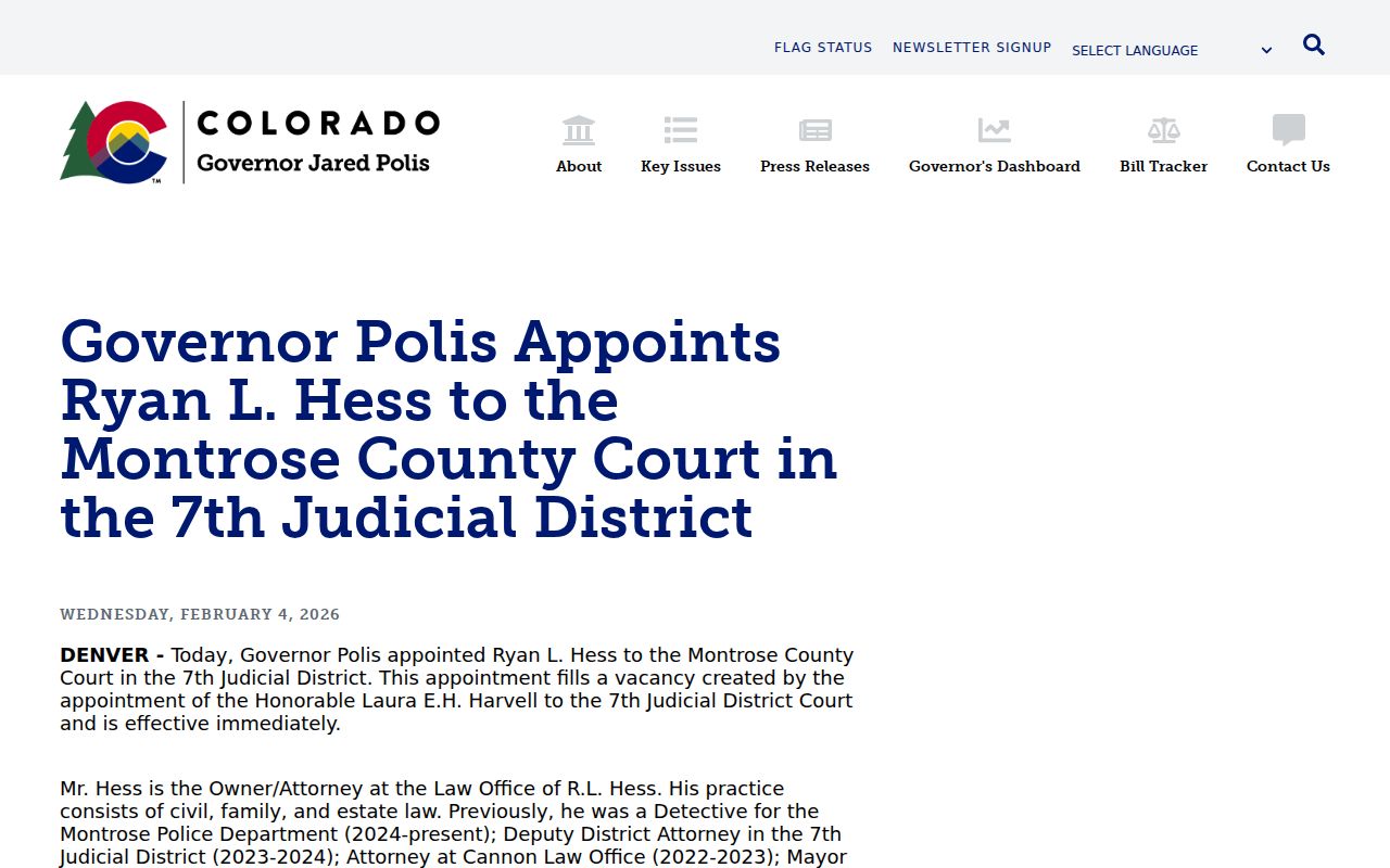 Montrose County criminal court records Governor appointment announcement for Montrose County Court