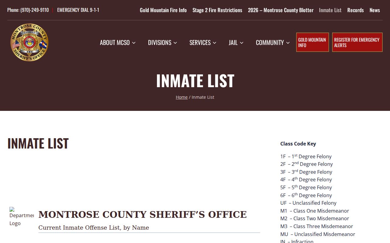 Montrose County inmate records public inmate offense list