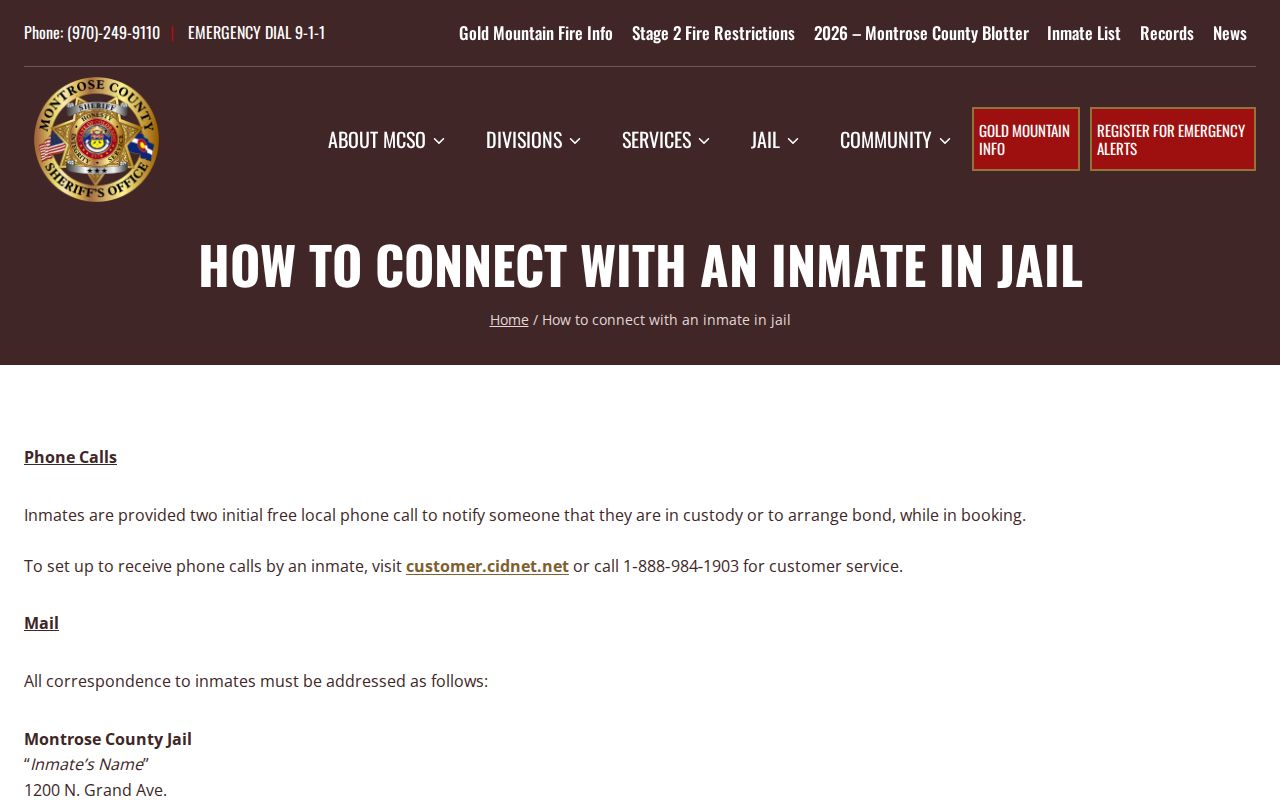 Montrose County inmate records mail phone and commissary instructions