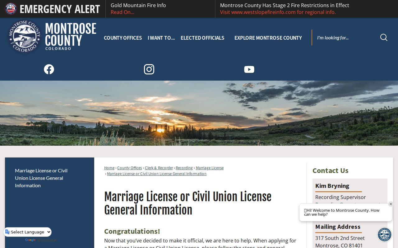 Montrose County marriage and divorce records marriage license page